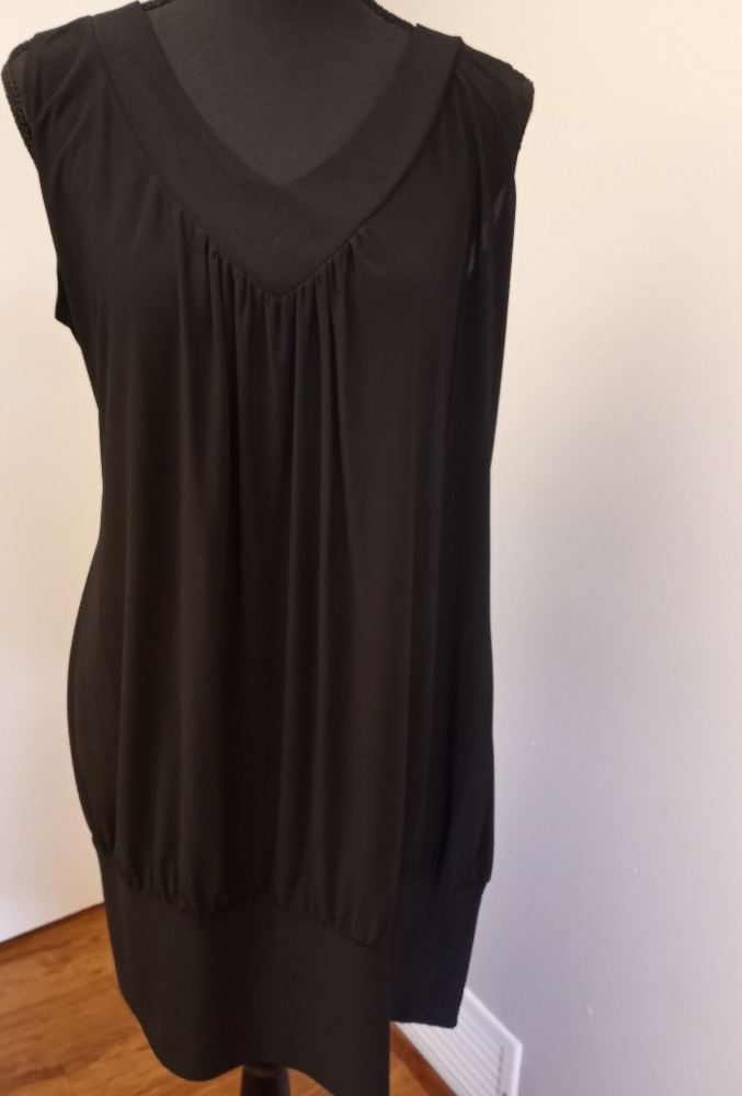 Tiana B., P. Large, black, sleeveless slinky dress.